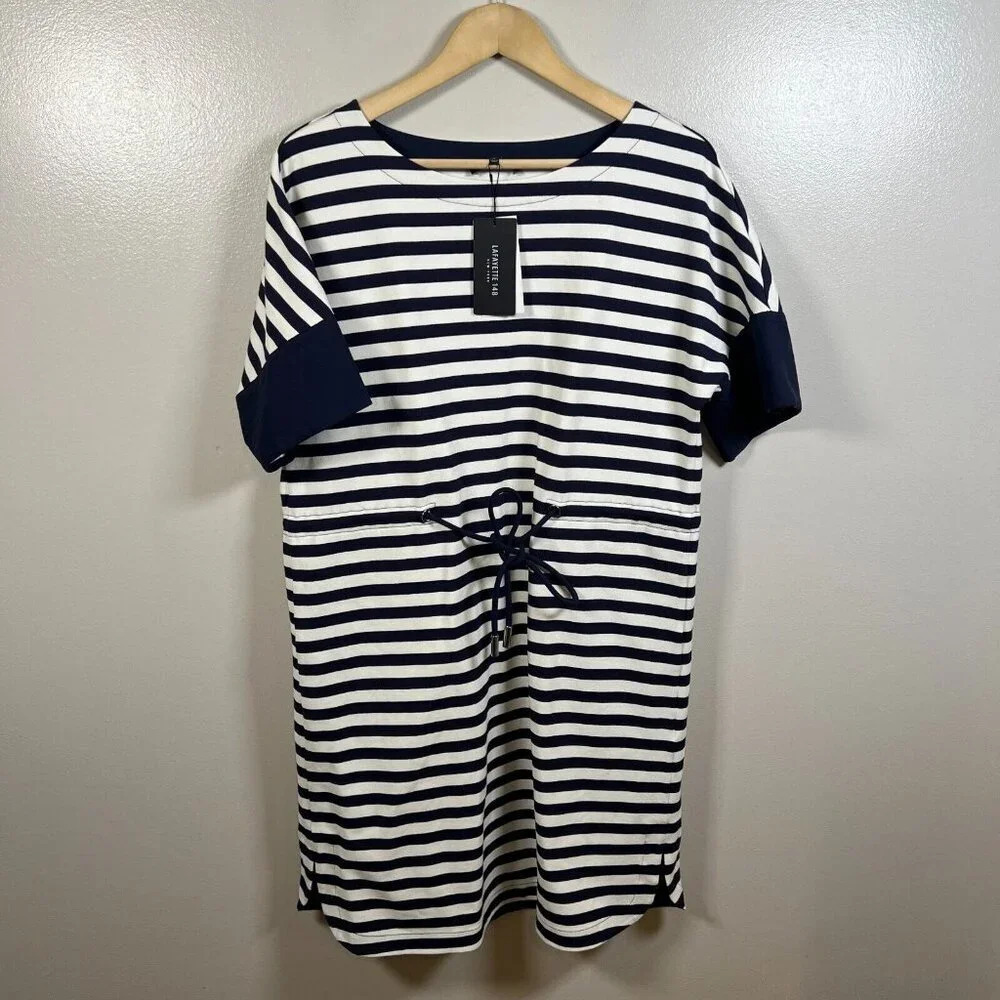 Lafayette 148 New York Navy and White Striped Midi Dress